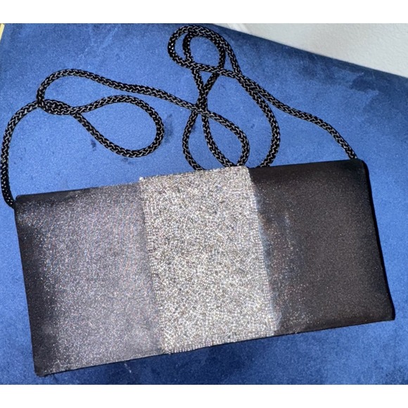 Jessica McClintock Handbags - Jessica McClintock Vintage Black Satin Clutch Evening‎ Bag Silver Beaded Band